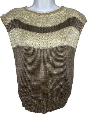 Vintage 80s JA Higgins Cap Sleeve Sweater Sz M Striped Taupe Ivory Gold Metallic